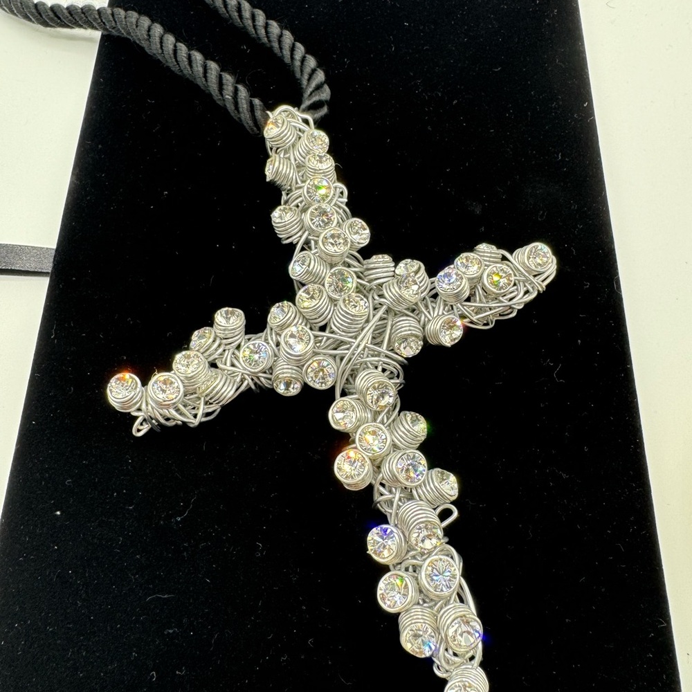 Crucifix Coild Silver-Tone Rhinestones Necklace